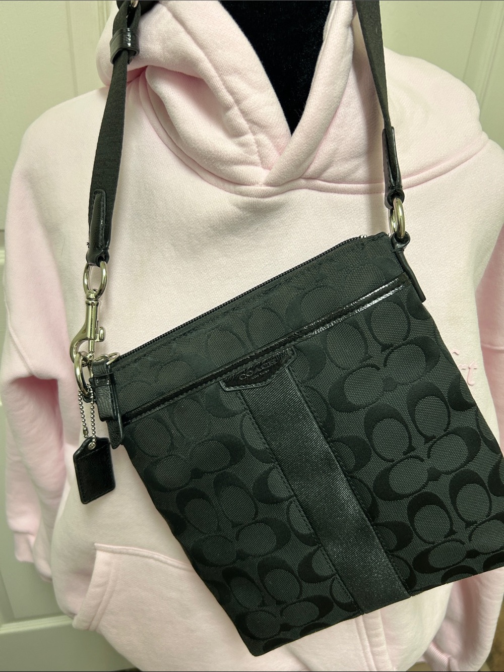 Coach Black Signature Canvas Crossbody with patent Leather Trim